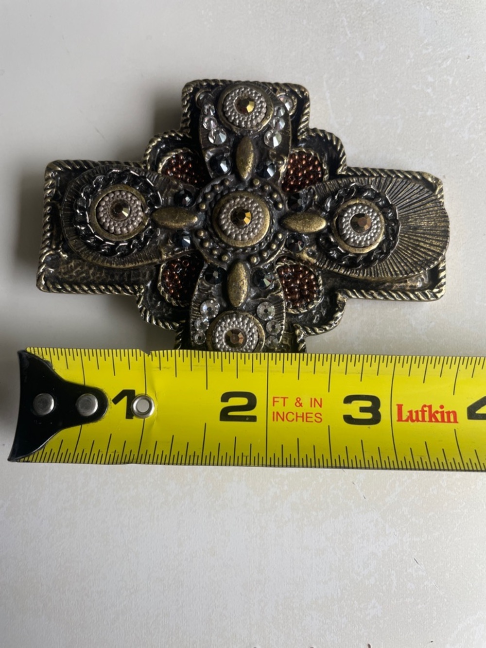 Ornate Antique Gold-Tone Decorative Cross Belt Buckle -heavy - Picture 4 of 5